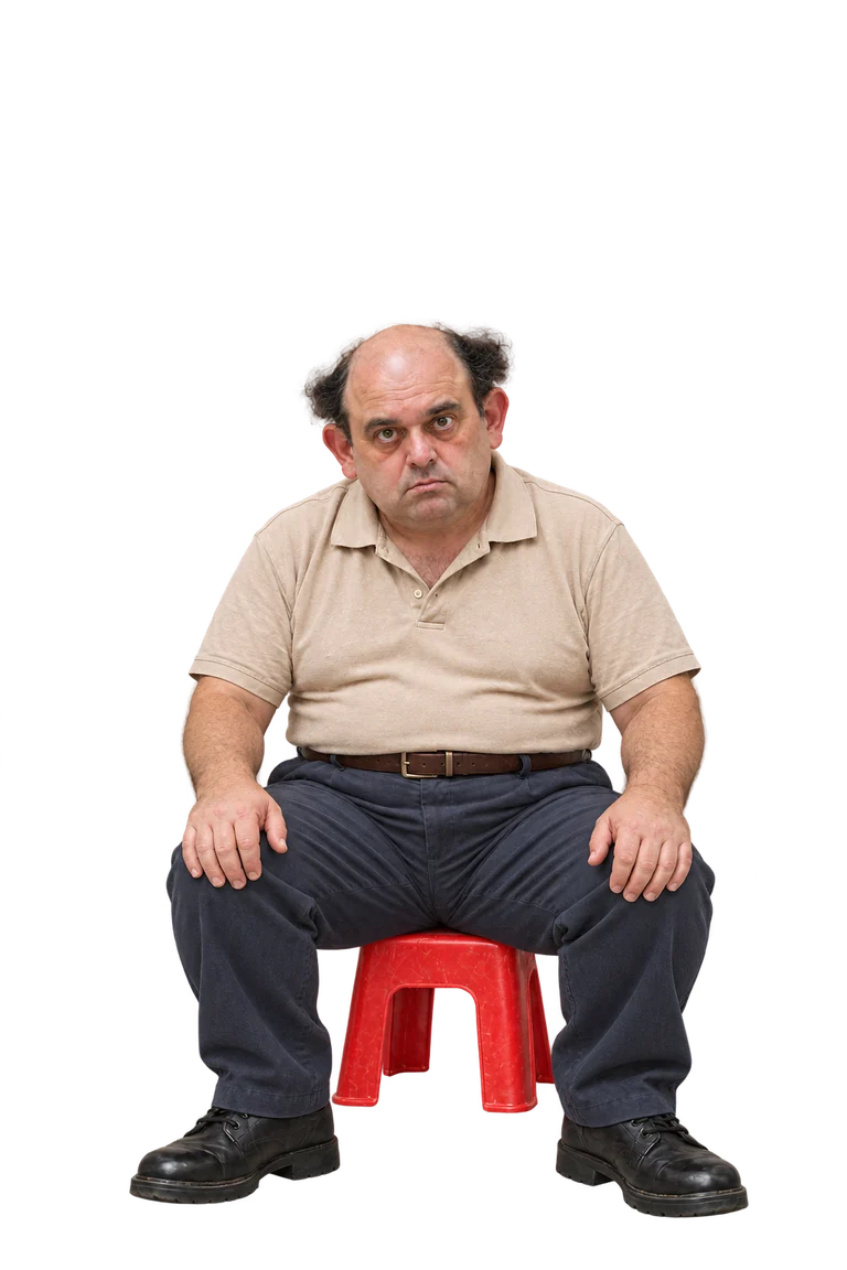 Dennis finally sitting on the tiny red stool.